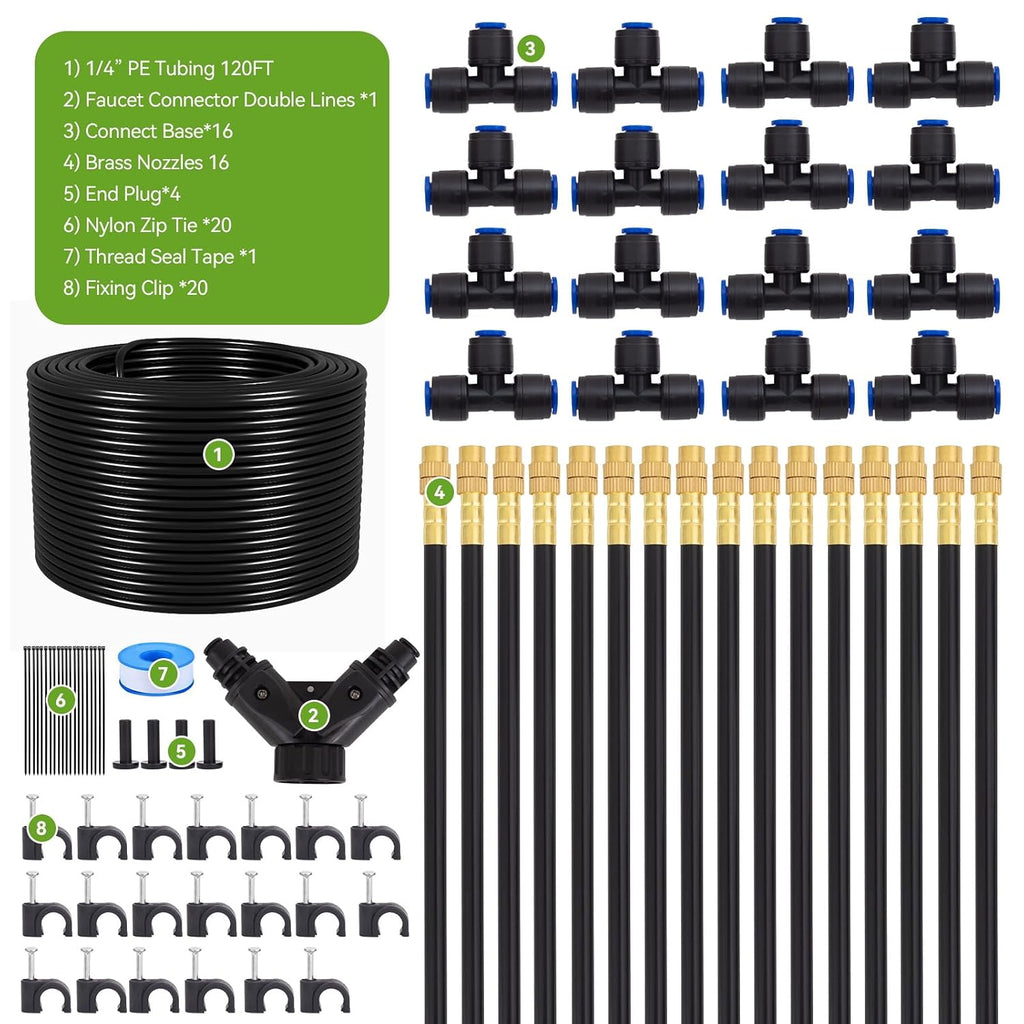 Drip Irrigation System Kit with 16 Pcs Adjustable Brass Nozzles & Bendable Spay Arm,120ft Garden Watering Misting System for Outdoor Raised Bed, Potted Plant, Yard, Greenhouse