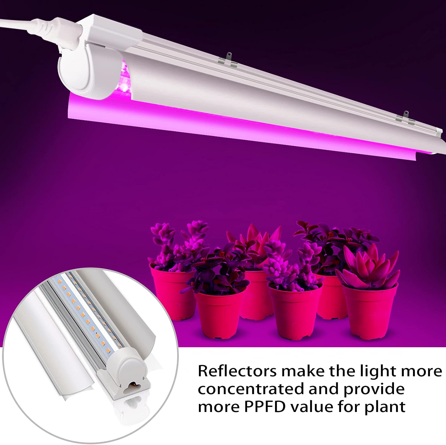 Grow Light for Plants, T8, 2FT, 24W, Full Spectrum, 8 Pack, Linkable | Indoor Grow Light with Reflector, 8x24W High PPFD, Full Spectrum Pink Light , Linkable, Aluminum for Seedlings & Succulents