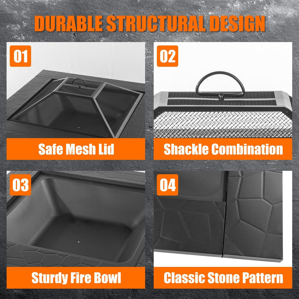 econook 32 inch square outdoor fire pit table showing dimensions