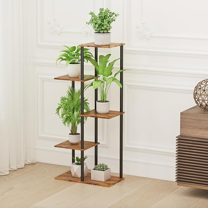 Plant Stand Indoor 5 Tier 6 Potted Metal Wood Plant Shelf, Multiple Flower Pots Corner Tall Plant Holder Stands for Living Room Balcony Bedroom, Rustic Brown