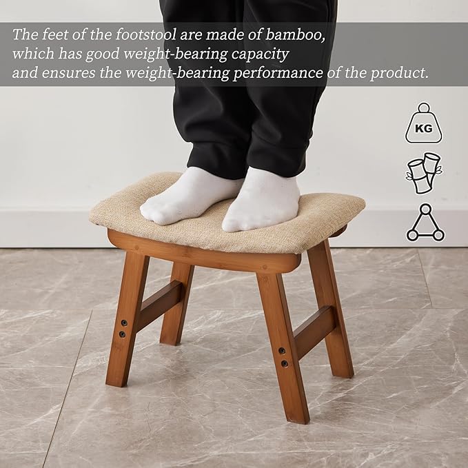 Foot Stool,Ottoman,Bamboo Small Sofa Foot Rest Under Desk,Extra Seating for Living Room, Bedroom and Kitchen(Brown Stool Legs - Beige Surface)