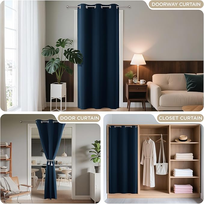 Joydeco Blackout Door Curtain for Doorway Privacy 80 Inches Long, Grommet Closet Curtain for Open Closet, Room Divider for Bedroom Living Room (Navy Blue, 32Wx80L, 1 Panel)