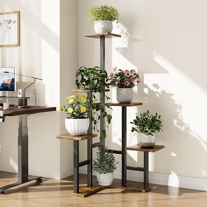 Corner Plant Stand Indoor, 6 Tiered Corner Plant Shelf Flower Stand for Multiple Plants, Plant Shelves Organizer Rack for Living Room, Balcony, Patio, Garden, Square Rustic Brown