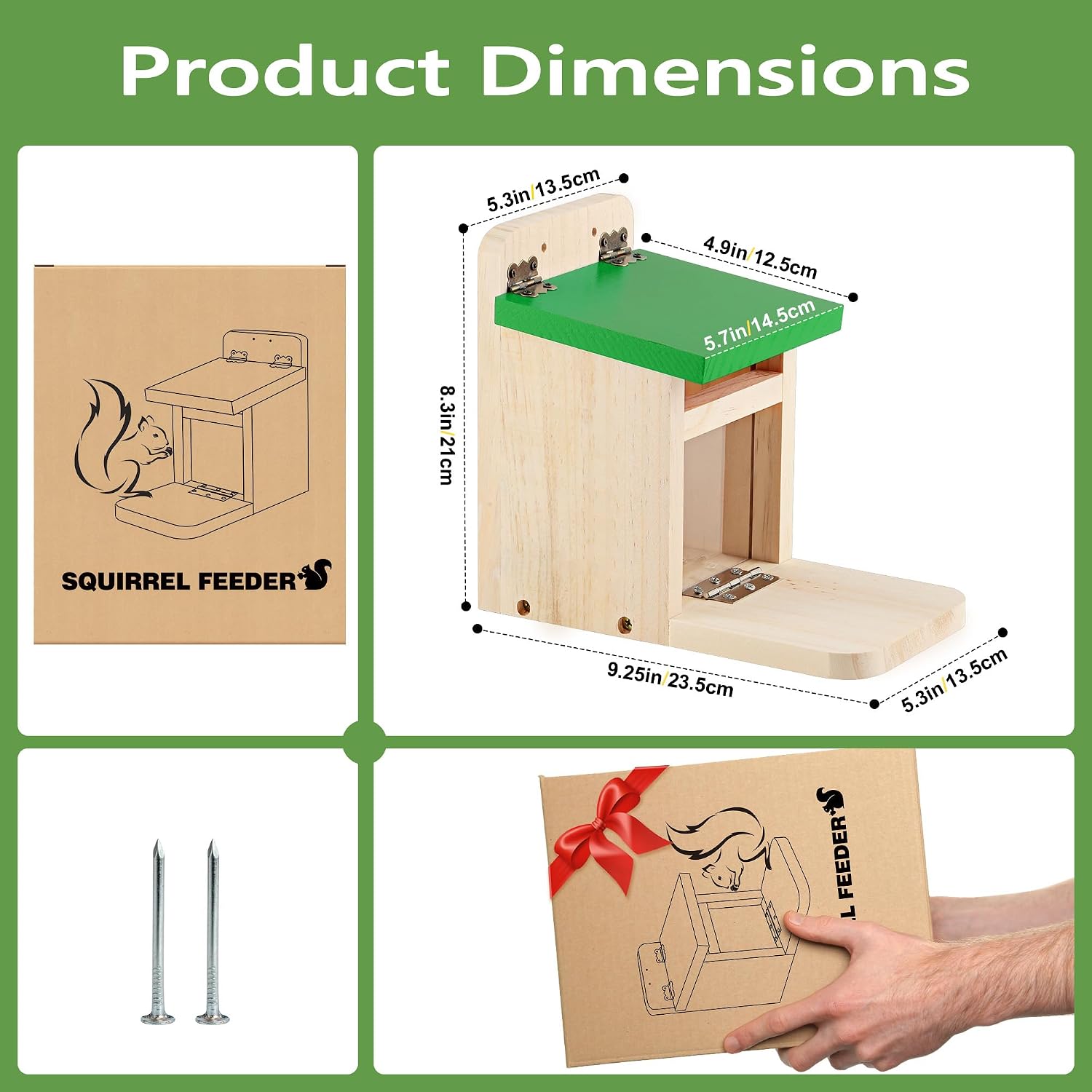 Squirrel Feeders for Outside Garden, Wooden Squirrel Feeder Box,Squirrel Feeding Stations with Green Cover, Easy to Fill Squirrel Feeding House(Green-1pk)