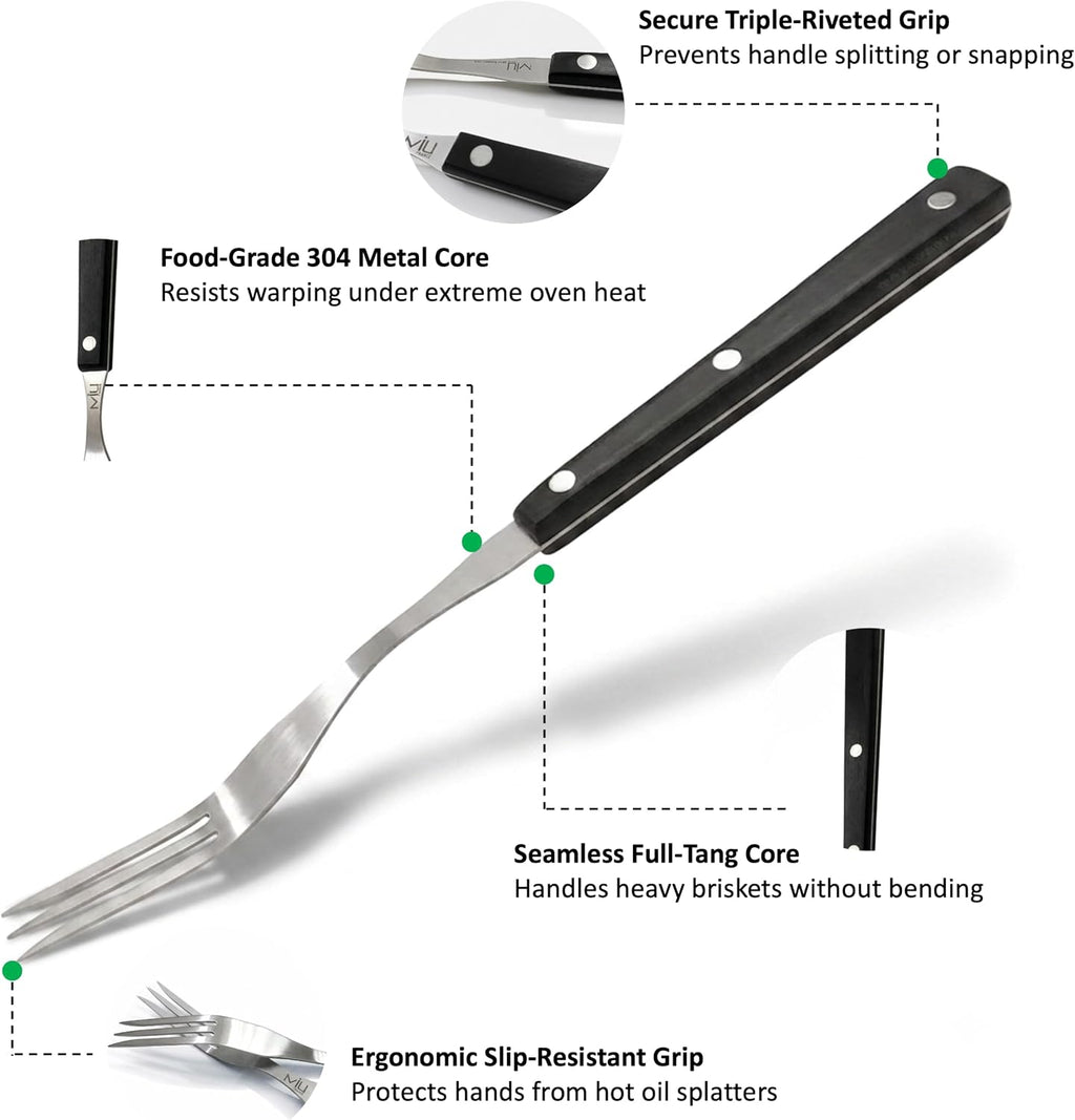 WALLFARM 2 Piece Stainless Steel 3 Prong Granny Fork Set | Three Tine Metal Meat Carving Tools for Kitchen Cooking, Long Steak Flippers for Outdoor BBQ Grills
