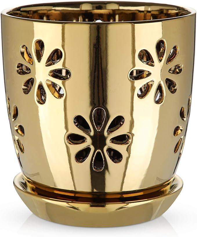 Oairse 6 inch Orchid Pots with Holes, Gold Ceramic Orchid Pot for Repotting Small Indoor Plant Pots with Drainage Holes and Saucers Decorative Flower Planter for Orchids, Indoor Plant