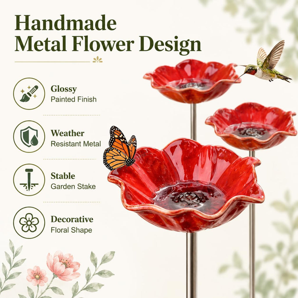3 Pcs Metal Flower Bird Bath Garden Stakes, Red Poppy Flower Bowl Outdoor Yard Decor,Handmade Style Decorative Bird Feeder Water Bowl for Birds, Bees, Butterflies, Beds,Patio, Lawn and Garden