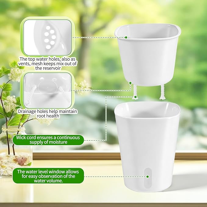 10 Sets 4" Self Watering Pots for Indoor Plants, Plastic Self Watering Planter Pots with Visual Water Level Clear Inner Cup and Multiple Vents for House Plants, Flowers, African Violets