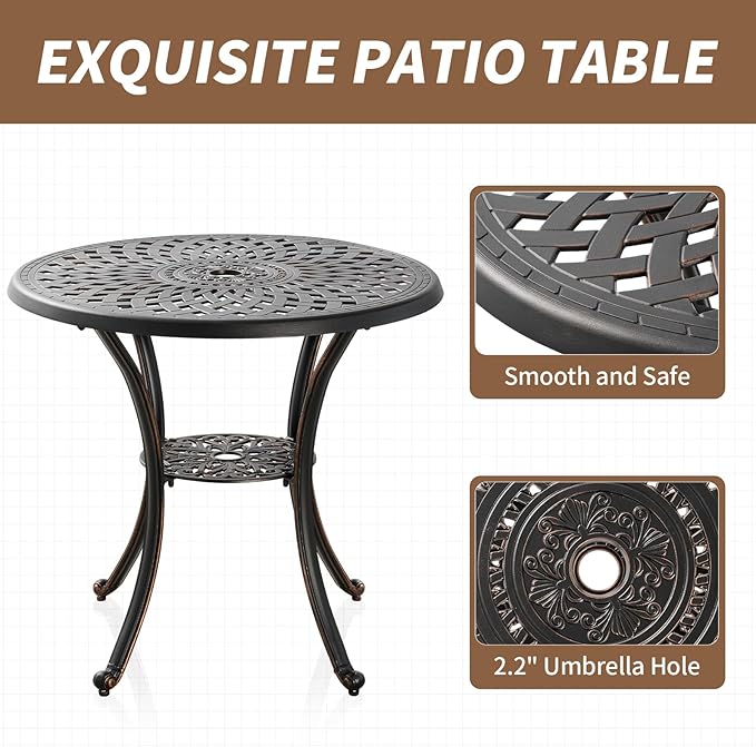 31" Round Patio Dining Table with Umbrella Hole, Cast Aluminum Bistro Table Outdoor Side Table for Backyard, Garden, Patio, Porch