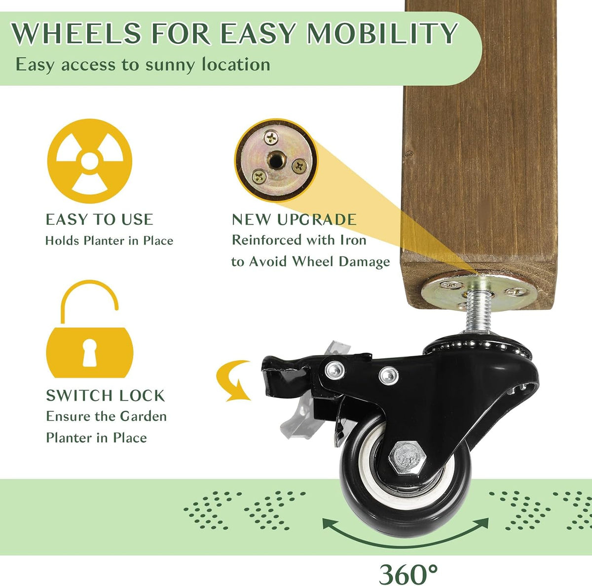 raised garden bed outdoor with lockable wheels, 55"x, close-up detail