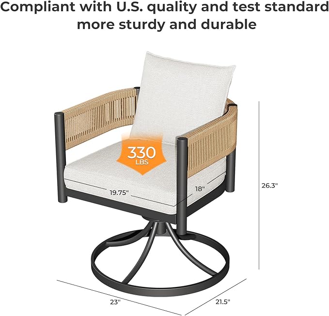 Grand patio 7-Piece Outdoor Dining Set for 6, Metal Woven Wicker Swivel Patio Chairs with Thickened Cushions & 1 Walnut-Like Aluminum Dining Table for Backyard Deck