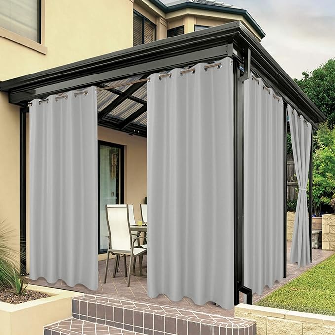 BONZER Outdoor Curtains for Patio Water Resistant Heavy Privacy Light Filtering Grommet Outside Curtains for Porch, Pergola, Gazebo, 1 Panel, 84W x 84L inch, Silver
