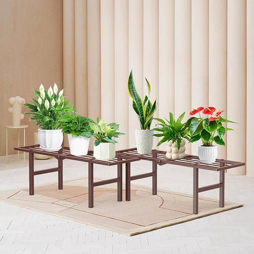 2 Pack Metal Plant Stand Outdoor Indoor, 1 Tier Folding Tiered Flower Plant Shelf, Heavy Duty Ladder Multiple Pot Display Plant Rack for Patio Garden Balcony Windowsills, Brown