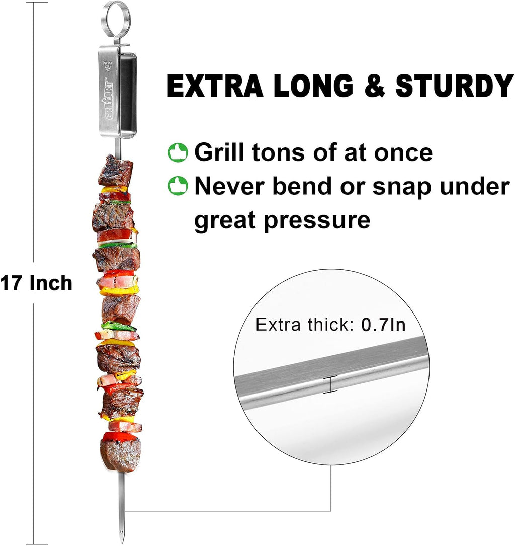 GRILLART Kabob Skewers for Grilling - Metal Skewer for Kabobs with Slider - Flat BBQ Skewer Stainless Steel - 17" Shish Kabob Grill Skewers & Ideal Kabob Sticks for Meat Shrimp Chicken Veggie (10PCS)