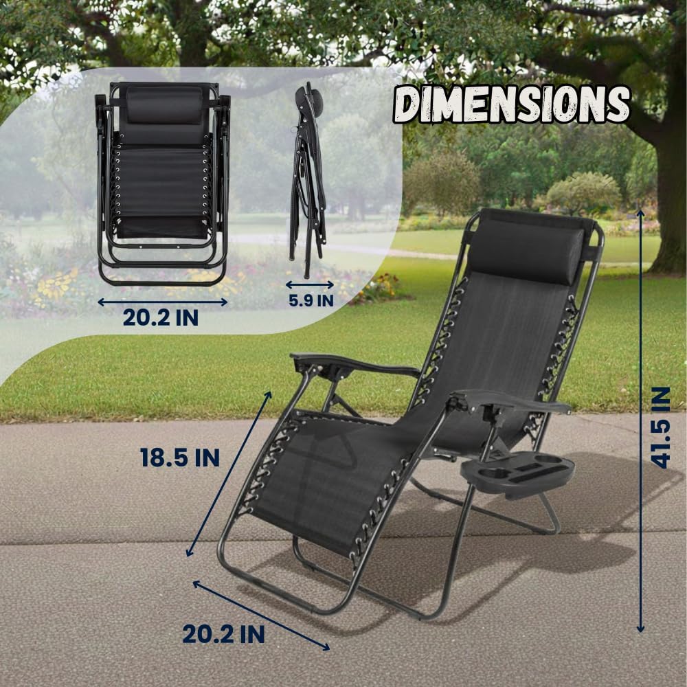 EZONE (Set of 2 Zero Gravity Lounge Chairs Outdoor Adjustable Reclining Patio Chair Steel Mesh Folding Recliner for Pool Beach Camping Lounge Chair with Pillows and Cup Tray (2, Black)
