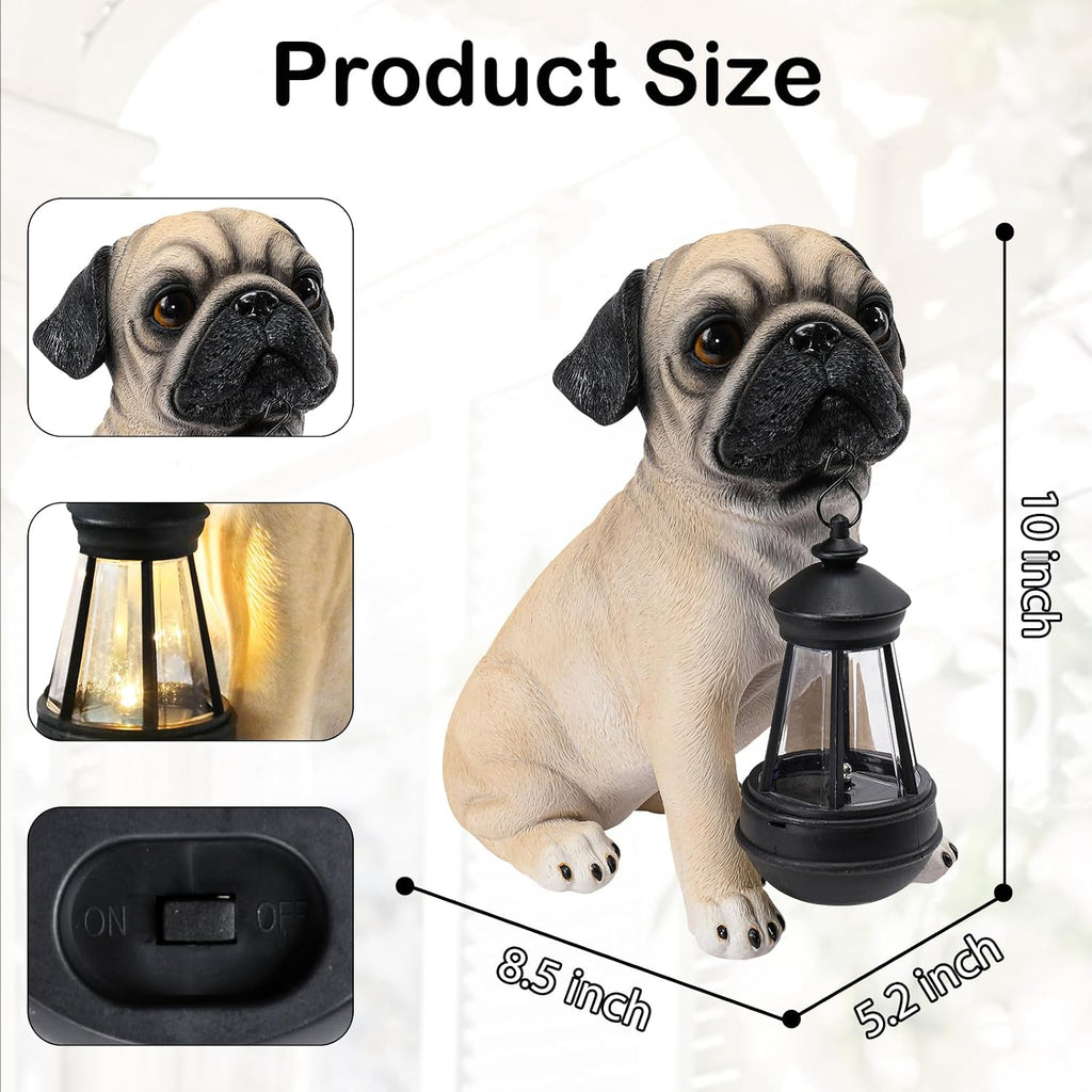 Solar Dog Garden Statues, Pug Garden Statue with Lantern Lights Outdoor | Pug Gifts for Pug Lovers, Dog Figurines with Warm Glow for Indoor Patio, Lawn, Yard Art Decoration and Garden Gift for Mom
