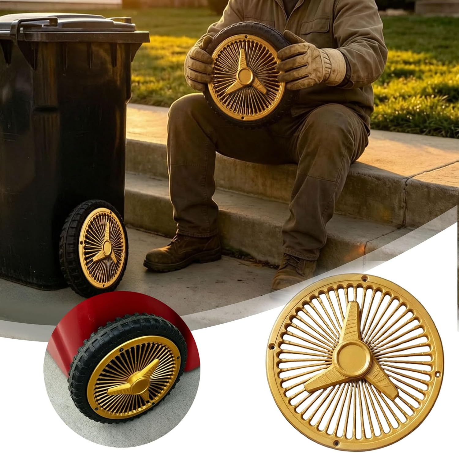 Trash Can Wheel Rims Set of 2, Decorative Trash Can Wheel Covers for Garbage Bins, Green Wheel Rim Decor for Outdoor Trash Can Wheels, Garage Patio Home Decor Accessories (Gold)