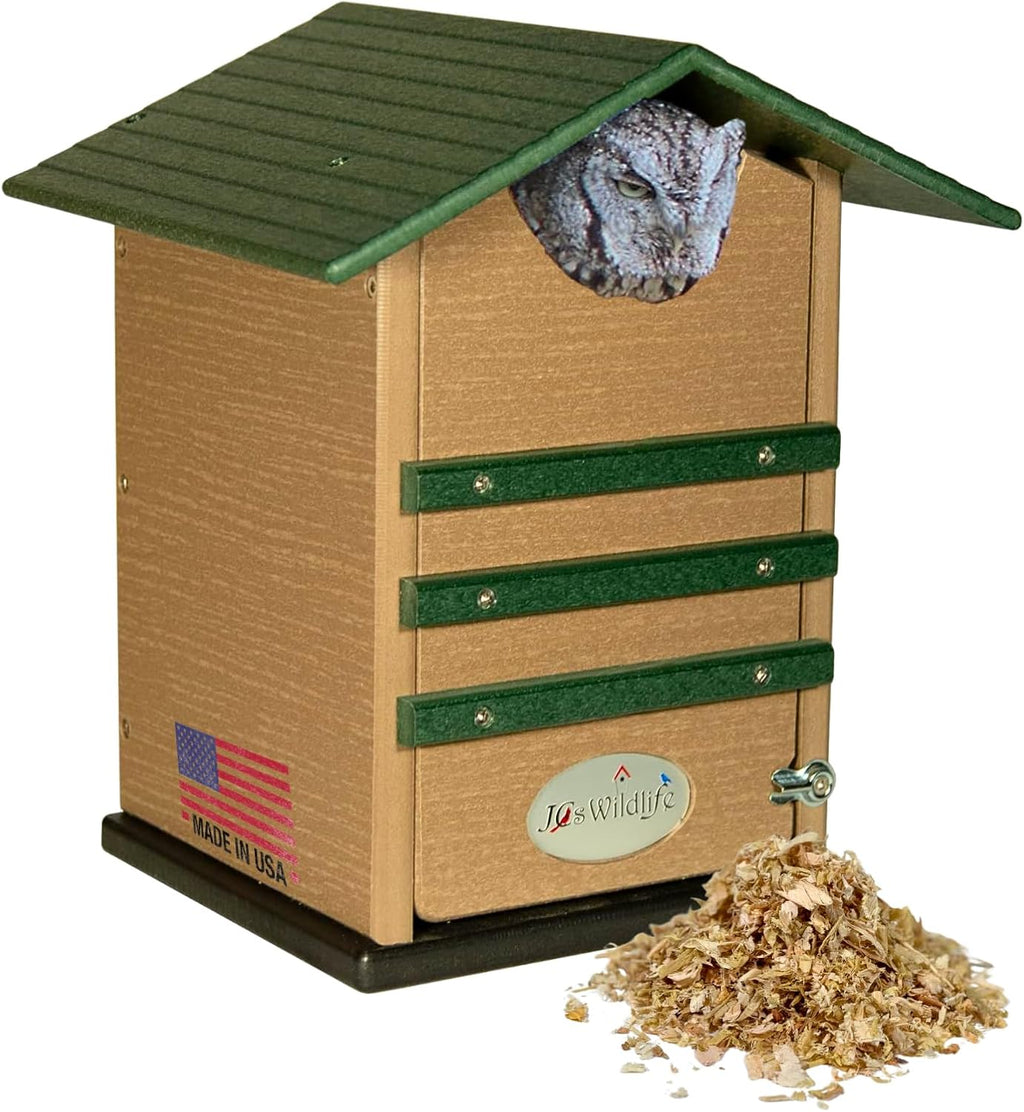 Poly Screech Owl Nesting Box, Saw-Whet and Kestrel Owl House, Green and Tan