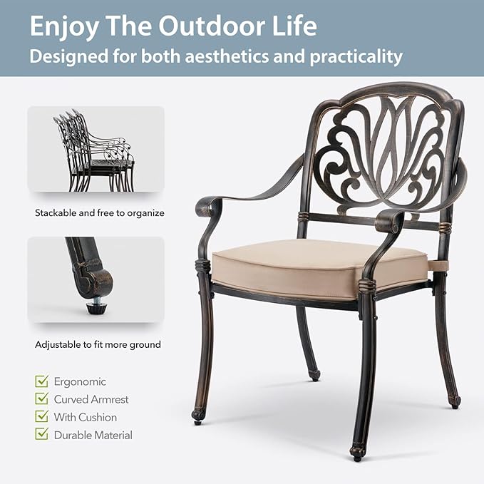 9-Piece Cast Aluminum Patio Furniture, Outdoor Dining Sets for 8 Include 87" Oval Patio Dining Table, 6 Stackable Chairs & 2 Swivel Chairs with Cushions & Umbrella Hole(Bronze)