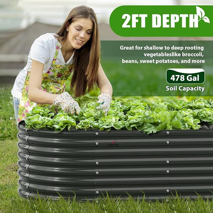 A ANLEOLIFE 8-Set 8X4X2 ft Galvanized Raised Garden Bed Kit, Oval Metal Deep Root Planters for Outdoor Plants, Quartz Grey