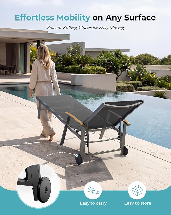 Ciokea Outdoor Lounge Chair with Pillow, 5-Position Aluminum Chaise Lounge with Wheels & Armrests, 400 lbs Heavy Duty Patio Pool Chair for Deck, Backyard, Beach & Poolside, Grey