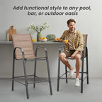 HOMREST Outdoor Bar Height Stools Set of 4,High Back Patio Chairs with Armrests,Textilene Chairs with Breathable Fabric & Metal Frame for All Weather,Brown