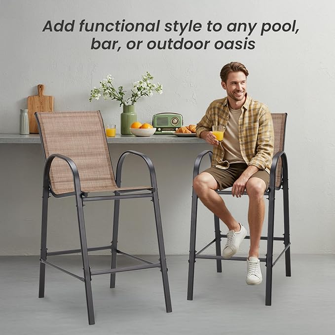 HOMREST Outdoor Bar Height Stools Set of 4,High Back Patio Chairs with Armrests,Textilene Chairs with Breathable Fabric & Metal Frame for All Weather,Brown