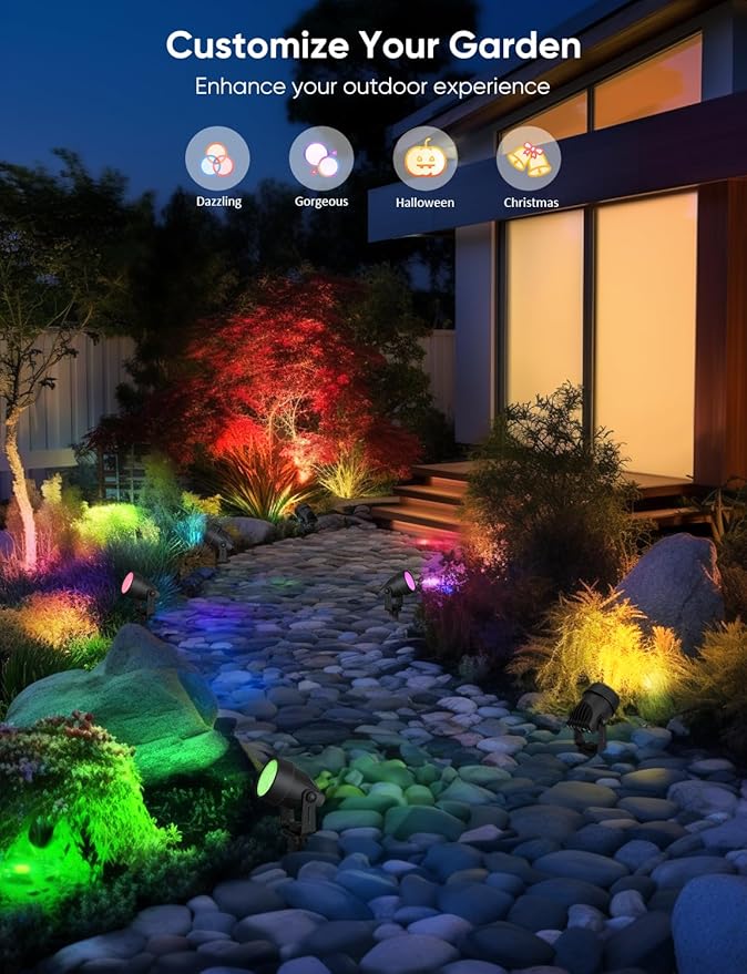 APPECK Landscape Lighting, RGBW Color Changing Low Voltage Landscape Lights with APP Control, IP65 Waterproof Outdoor Spotlights for Garden Yard Outside Decoration, 8 Pack