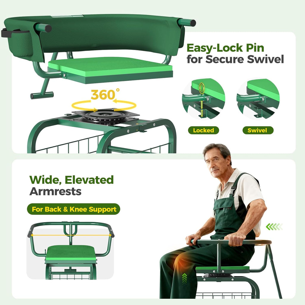 suntee garden seat with wheels, rolling gardening stool, side view