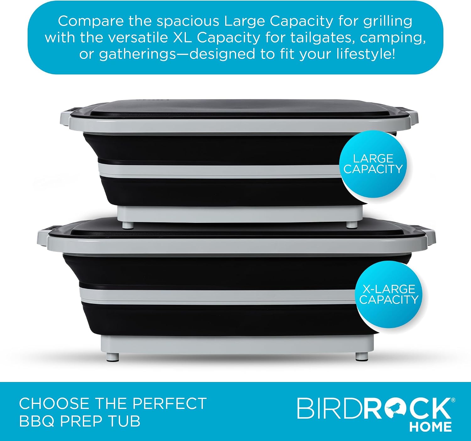BIRDROCK HOME Collapsible XL BBQ Prep Tub w/Cutting Board, Multi-Function Grill Caddy w/Colander & Lid, Portable Silicone Dish Bowl for Picnic, Tailgate, Camping - Black | Grill Caddy Food Marinating Container with Lid and Meat Cutting Board - Portable