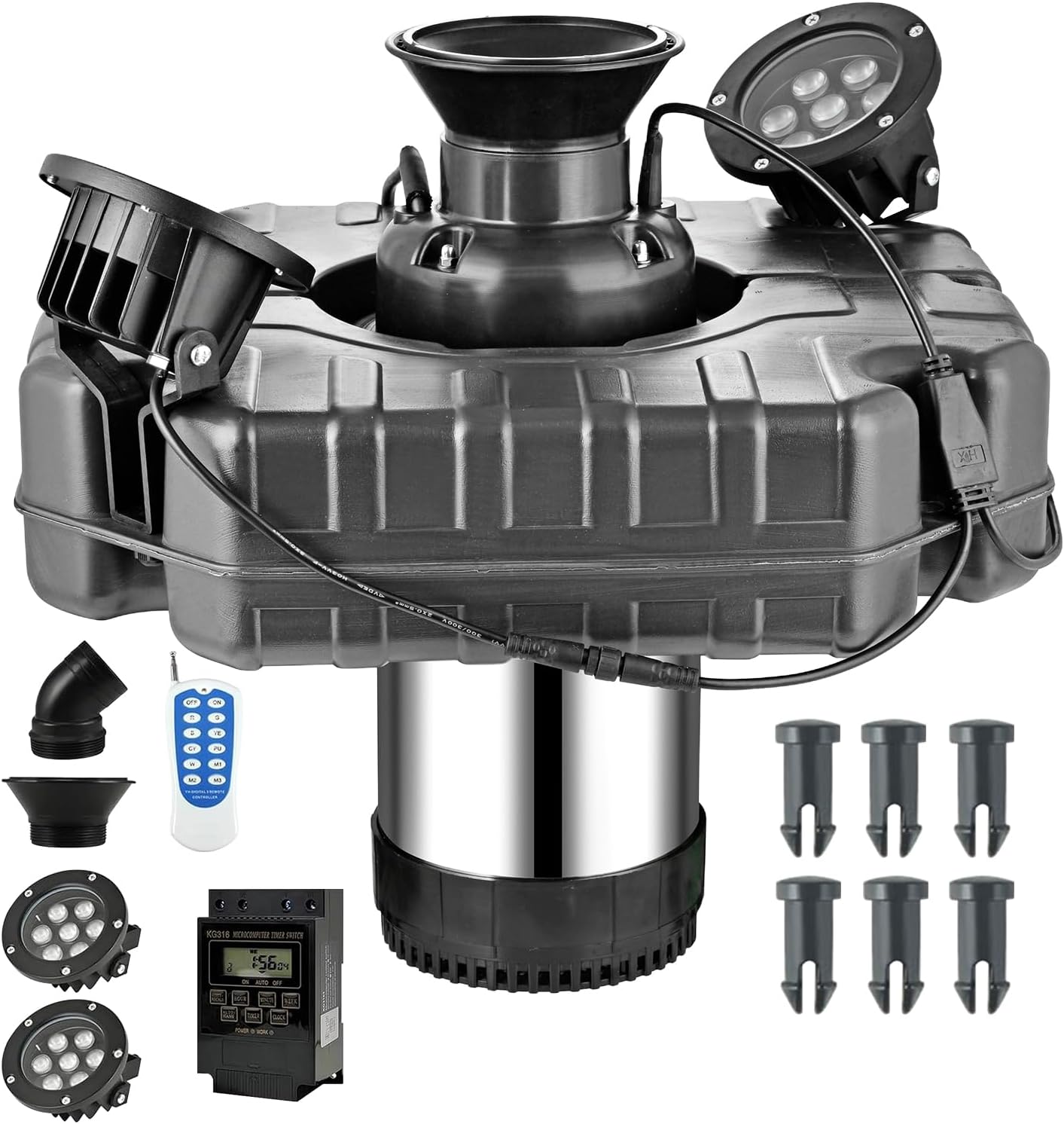 Premium LED Pond Fountain with RGB Lighting System, Stainless Steel Rotor, All-Copper Motor, Remote Control, Dynamic Color Changing, for Garden Ponds (Two Lights)