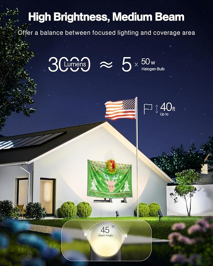 HIBOITEC 1 Pack 30W Outdoor LED Spot Lights 120V Plug in Flag Pole Light 3000LM 3000K Warm White Waterproof Landscape Spotlight for Yard Garden Tree Statue, 5.9 FT Cord with Plug