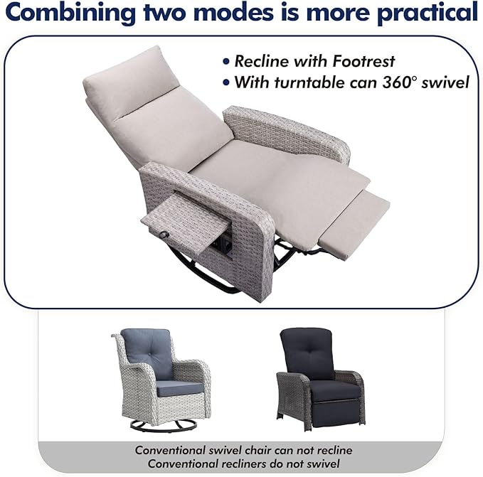 Outdoor Recliner Chair, Wicker Patio Recliners with Adjustable Backrest and Extended Foot Rest, Reclining Patio Chairs with Flip Table & Removable Cushion Cover for Porch