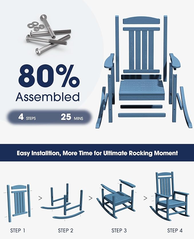 KINGYES Oversized Outdoor Rocking Chair Set of 4, High Density Polyethylene Patio Rocking Chairs with 330lbs Support for Adults, Navy
