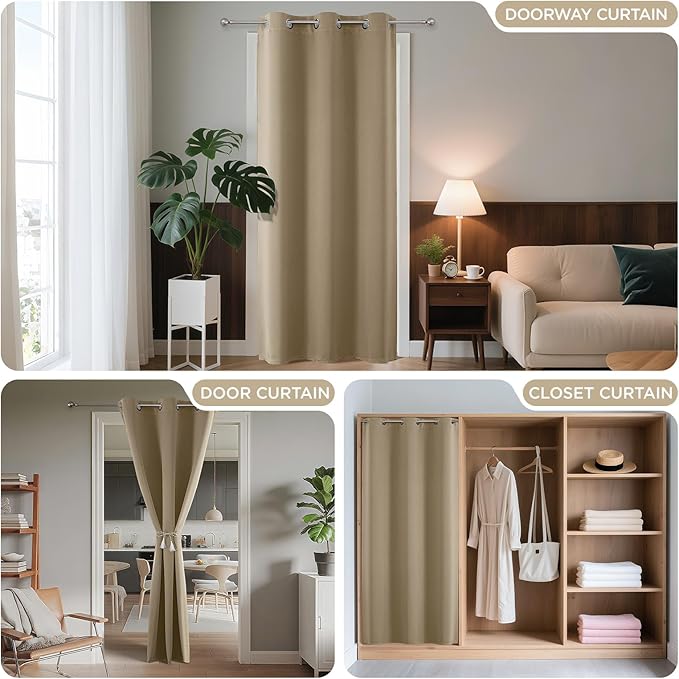 Joydeco Blackout Door Curtain for Doorway Privacy 78 Inches Long, Grommet Closet Curtain for Open Closet, Room Divider for Bedroom Living Room (Light Beige, 40Wx78L, 1 Panel)