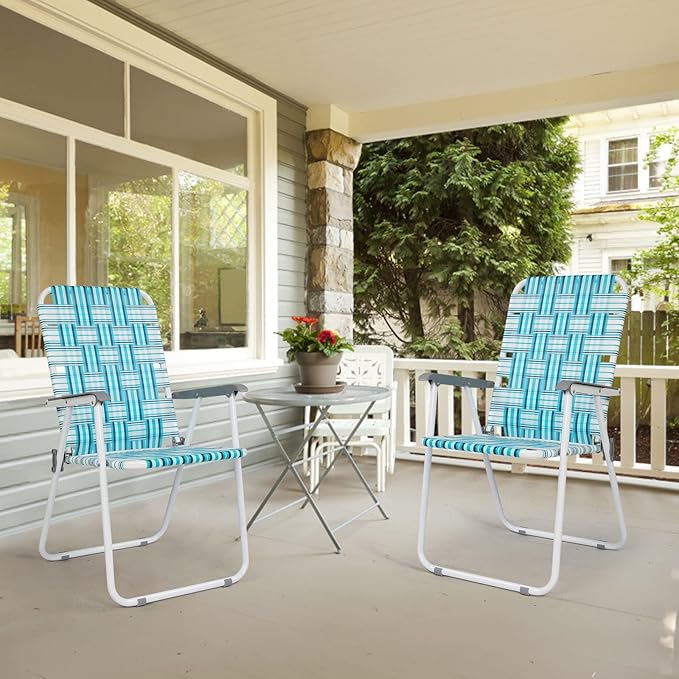 VINGLI Patio Lawn Webbed Folding Chairs Set of 4, Outdoor Beach Chair Portable Dining Chair for Outdoor Yard, Garden (White & Blue, Classic)