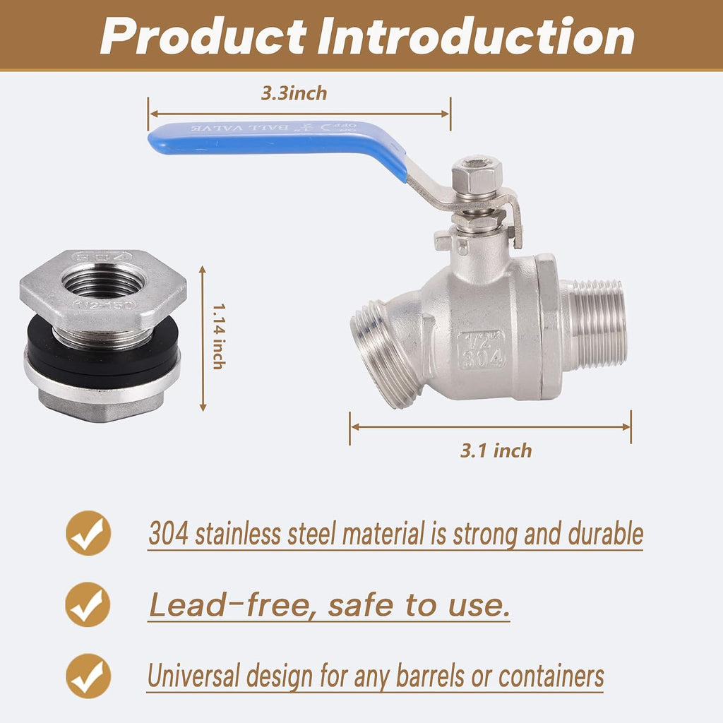 High Flow Rain Barrel Spigot Kit, Lead-Free,304 Stainless Steel Faucet Kit for Rain Water Barrel, Water Tanks, 55 Gallon Drum Etc, Spigot with Bulkhead Fitting, Tape.