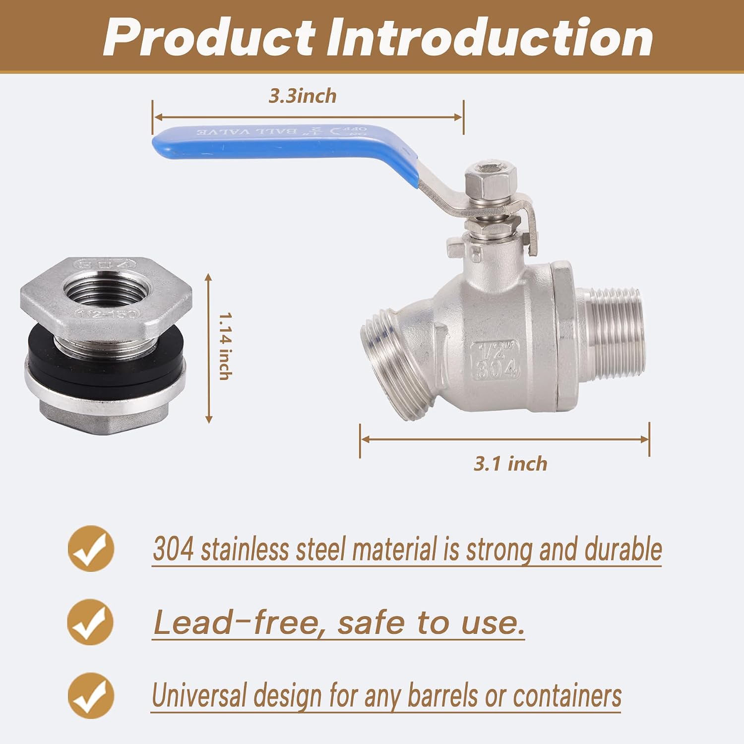 High Flow Rain Barrel Spigot Kit, Lead-Free,304 Stainless Steel Faucet Kit for Rain Water Barrel, Water Tanks, 55 Gallon Drum Etc, Spigot with Bulkhead Fitting, Tape.