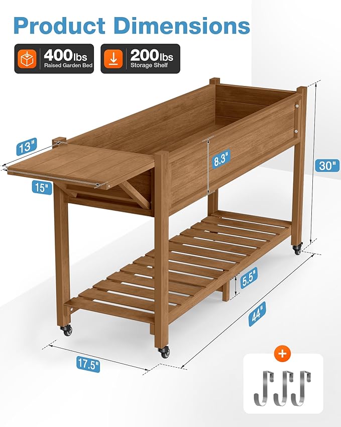 YEFU Raised Garden Bed with Legs: 57x18x30in Elevated Poly Planter with Wheels,Waterproof Mobile Raised Bed Garden, Elevated Planter Box Stand with Storage Shelf,for Herb,Carrot,Tomato (Teak,4pcs)