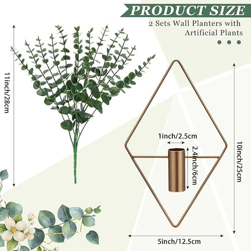 4 Pieces Bronze Wall Decor Hanging Planters with Artificial Plants Metal Hanging Vase Indoor Plants Holder Modern Boho Wall Art for Bathroom Bedroom Living Room Decor, Eucalyptus