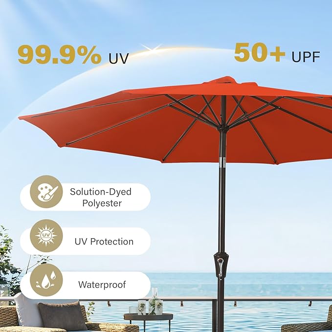 MEWAY 9ft Patio Umbrella Outdoor Table Umbrellas with Push Tilt and Crank, Market Umbrella 8 Sturdy Ribs for Deck, Garden, Pool and Backyard, Red Orange