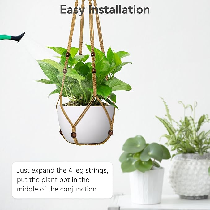USLAI Macrame Plant Hanger Indoor Outdoor, Fits 4 to 15 Inch Pots, Strong Hanging Planter Holder, Boho Home Decor, 35 Inch, Brown (POTS NOT Included)