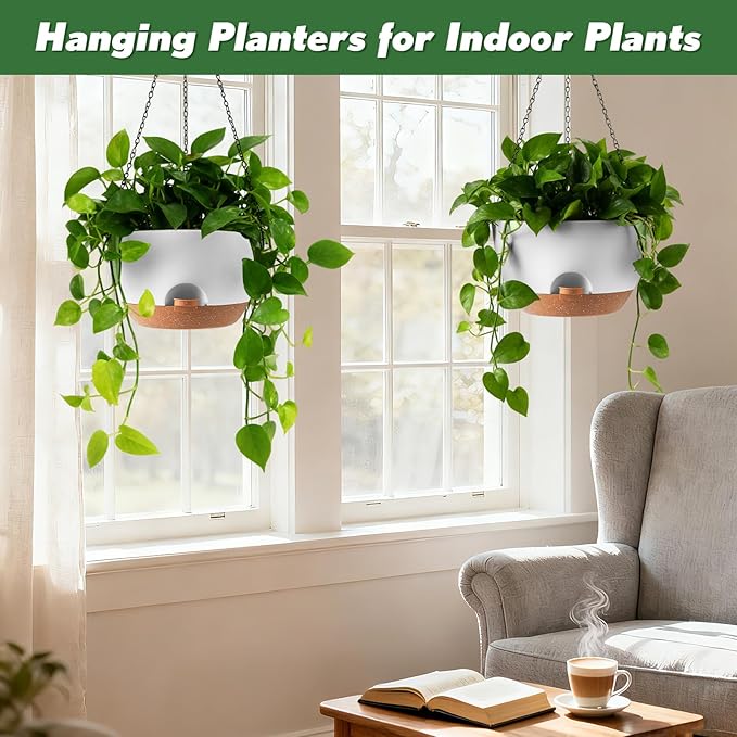 3-Piece Set of 10-Inch Hanging Planters with Automatic Watering System and Drip Tray, Includes Metal Chain, Suitable for Various Indoor and Outdoor Plants and Flowers, White-Brown