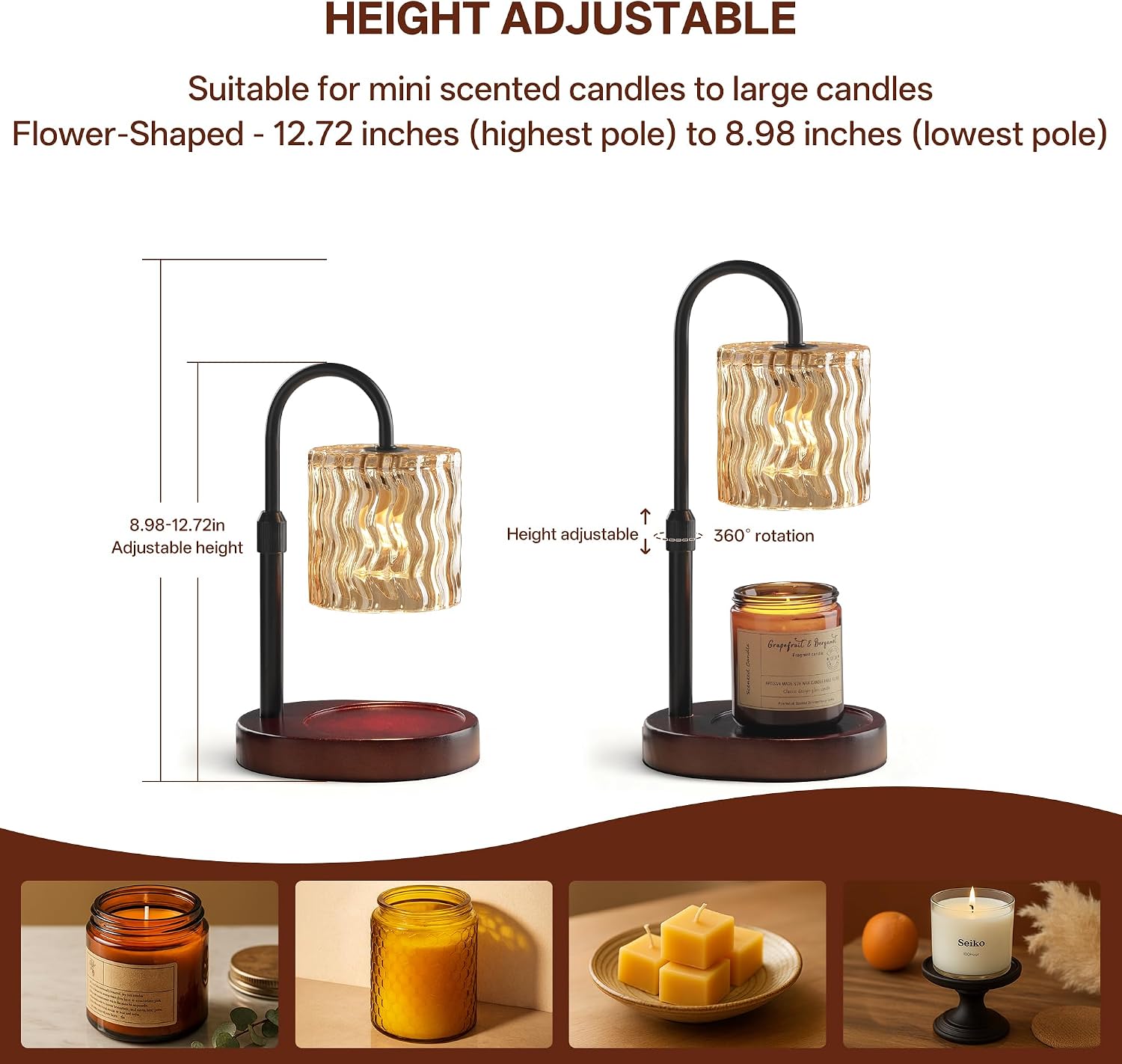 Homelist Candle Warmer Lamp Adjustable Height, with Timer & Dimmer, Black | Decorative Wax Warmer Lamp with Ripple Glass Shade, Cozy Bedroom Home Decor/Housewarming Gift for Women/Sister/Wife