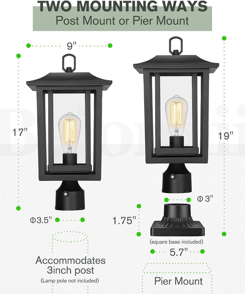 Beionxii 19Inch Dusk to Dawn Outdoor Post Lights,Lamp Post Light Fixture | Waterproof with Pier Mount Base,Anti-Rust Aluminum Lamp Posts Outdoor Lighting for Garden,Patio,Hardwired 120V,A197P-2PK/BS-N