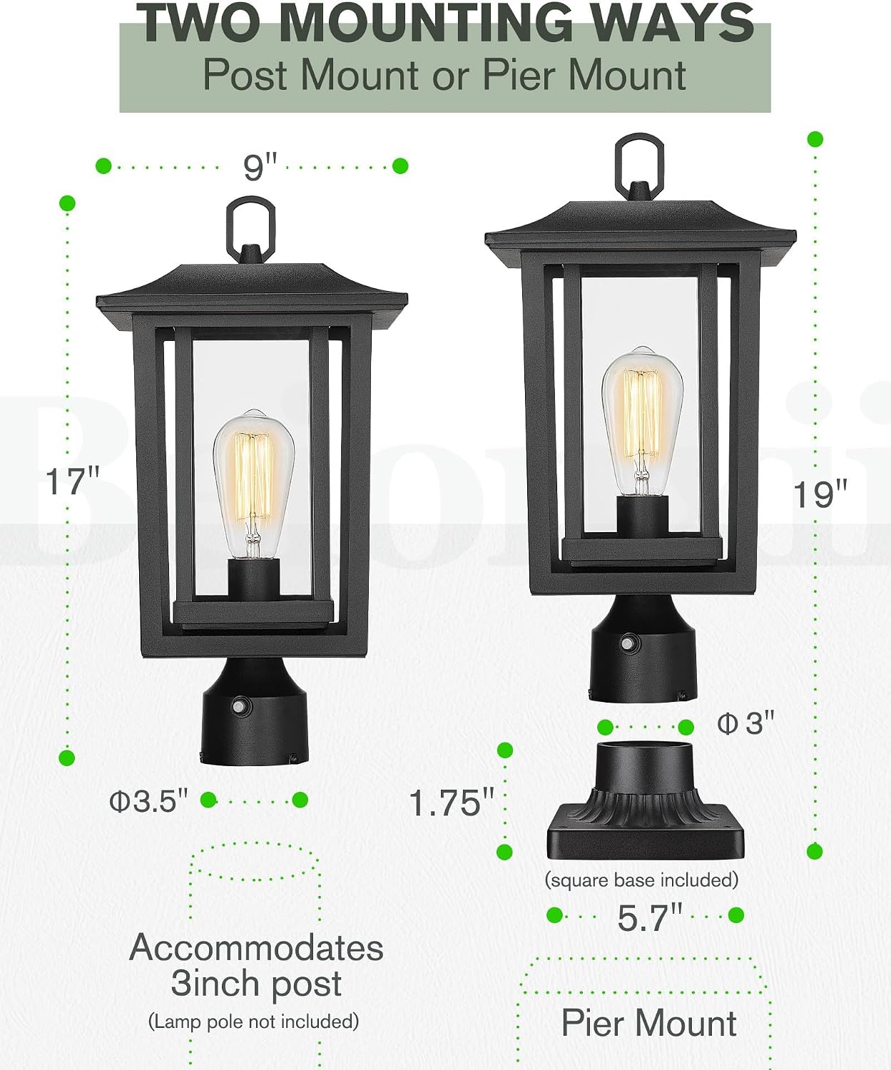 Beionxii 19Inch Dusk to Dawn Outdoor Post Lights,Lamp Post Light Fixture | Waterproof with Pier Mount Base,Anti-Rust Aluminum Lamp Posts Outdoor Lighting for Garden,Patio,Hardwired 120V,A197P-2PK/BS-N