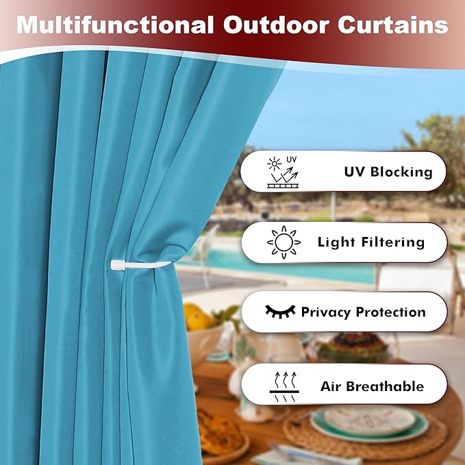 HolidayIdeas Grommet Outdoor Curtains for Patio Waterproof 8 Pcs All Weather Balcony Outside Curtains for Apartments, Gazebo, Pergolas, Porch, 54x108 Inch, Teal