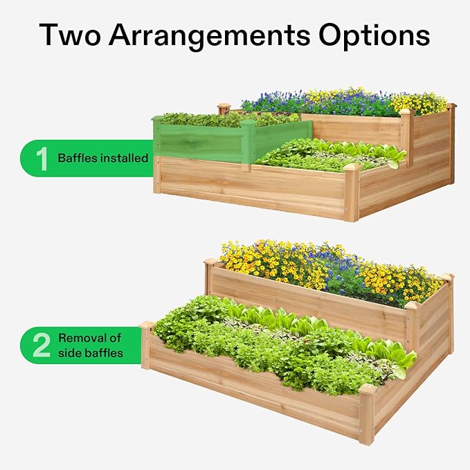 VIVOSUN 3-Tier 3-Grid Wooden Raised Garden Bed, 42.5 x 34.5 x 15 Inches, Outdoor Elevated Wood Planter Box with Screwdriver for Gardens, Patios, Backyards, Balcony and Outdoors
