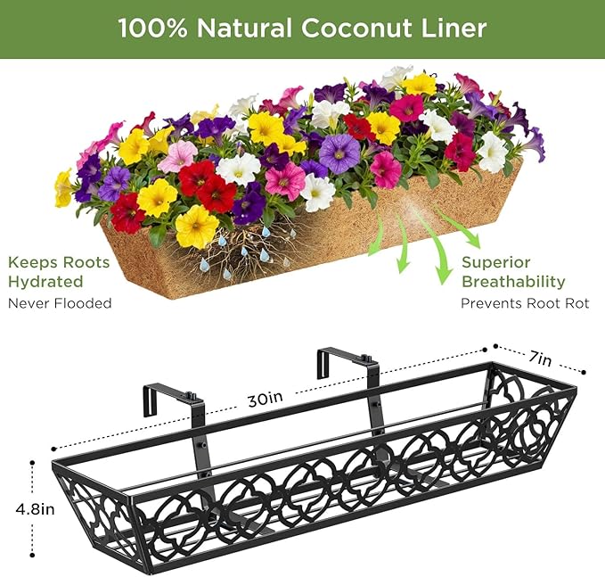 HFHOME 4 Pcs 30" Window Box Deck Railing Planter with Horse Trough Coco Liners, Black Metal Hanging Flower Planters Baskets for Indoor, Outdoor, Balcony, Porch, Fence, Patio, and Lawn