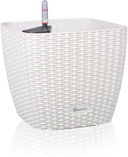 Dexceder 9x8 Self Watering Planter Indoor Outdoor, Inner Mat Design, Thickened Table Flower Plant Pot with Water Level Indicator (Ivory White Rattan)